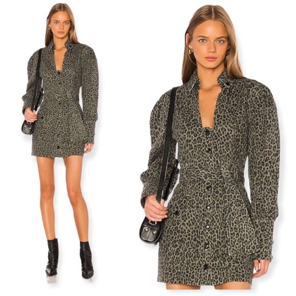 Excellent Marissa Webb Denim Cheetah Mera Print Canvas mini Dress Size Large H1 - Picture 14 of 14